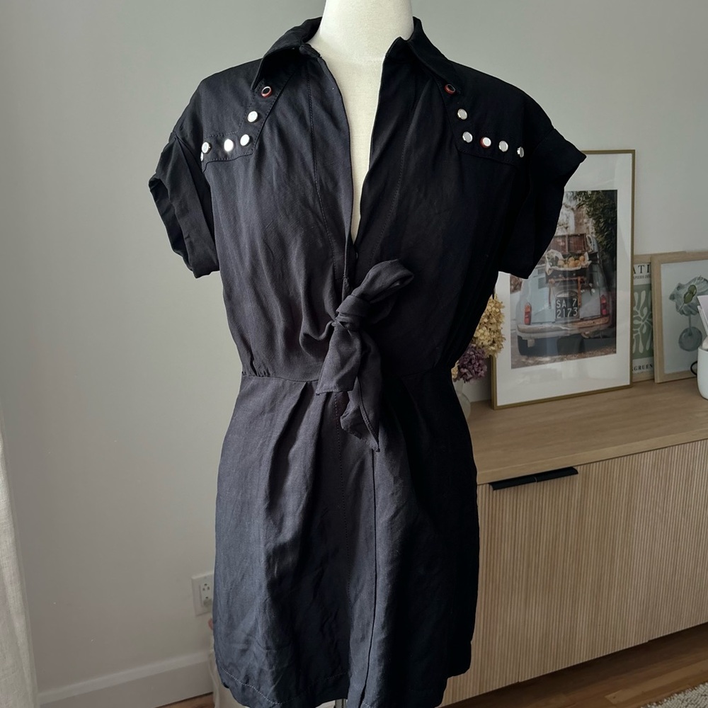 SANDRO Paris Black Dress with Studs and Tie Front - Size 38